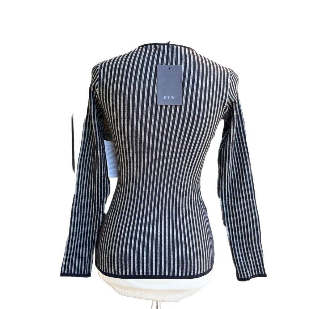 RVN Womens Black Striped Ribbed Long Sleeve Stretch Knit Striped Top  Dash - Picture 9 of 13
